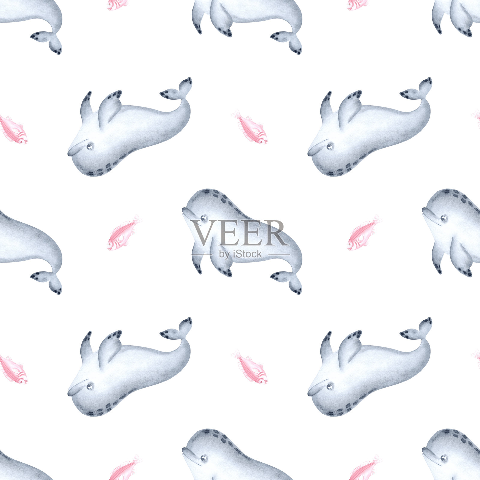 白鲸和鱼的水彩无缝图案，适用于婴儿设计。可爱的海洋动物角色插图，适合儿童背景。手绘的水下生物。儿童风格的海洋哺乳动物。插画图片素材