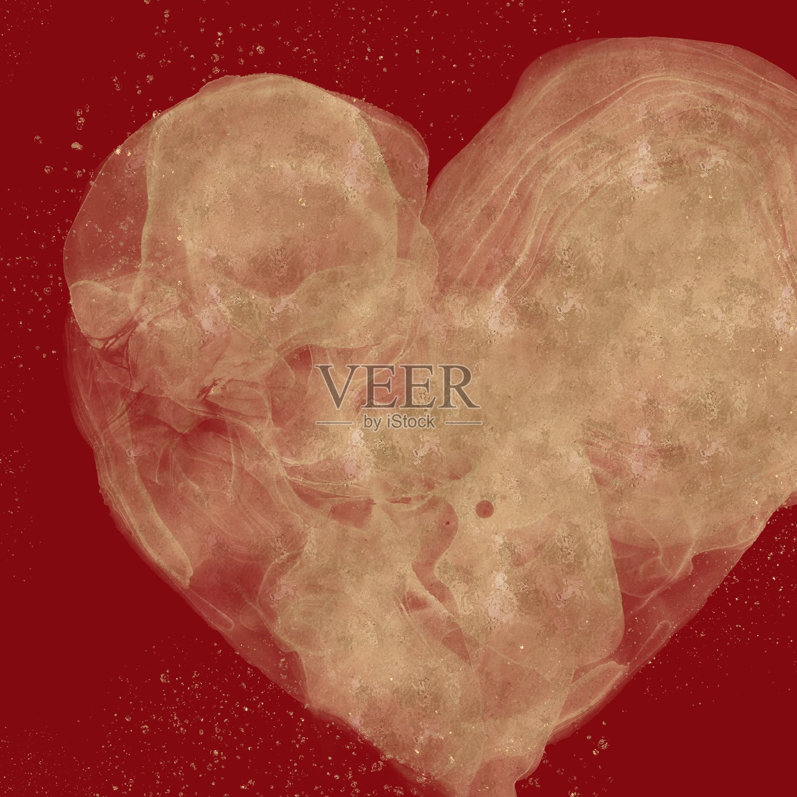 抽象方形模板。红色背景上的酒精墨水艺术金色心形图案插画图片素材