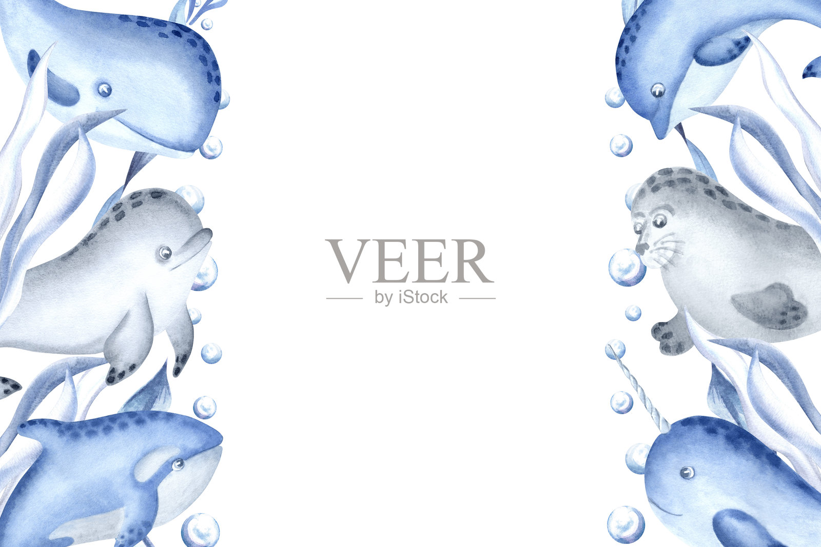 北极海洋动物的水彩明信片模板。独角鲸、海豚和鲸鱼可爱的海洋角色插图。手绘的北方水下生物。适合儿童设计的有趣海洋背景。插画图片素材