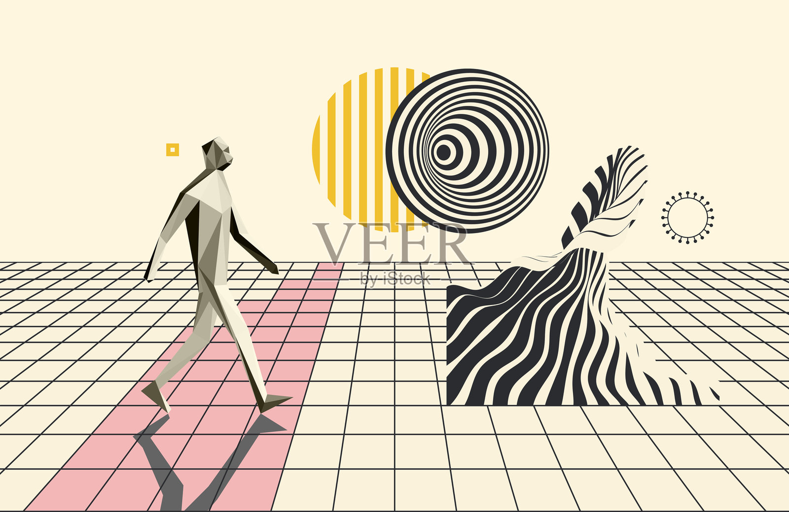 艺术构图。海浪。抽象的人向前迈步。一个人在路上行走。3D人体模型。领导力或发展概念。适用于封面、卡片、宣传册或演示文稿的设计。插画图片素材