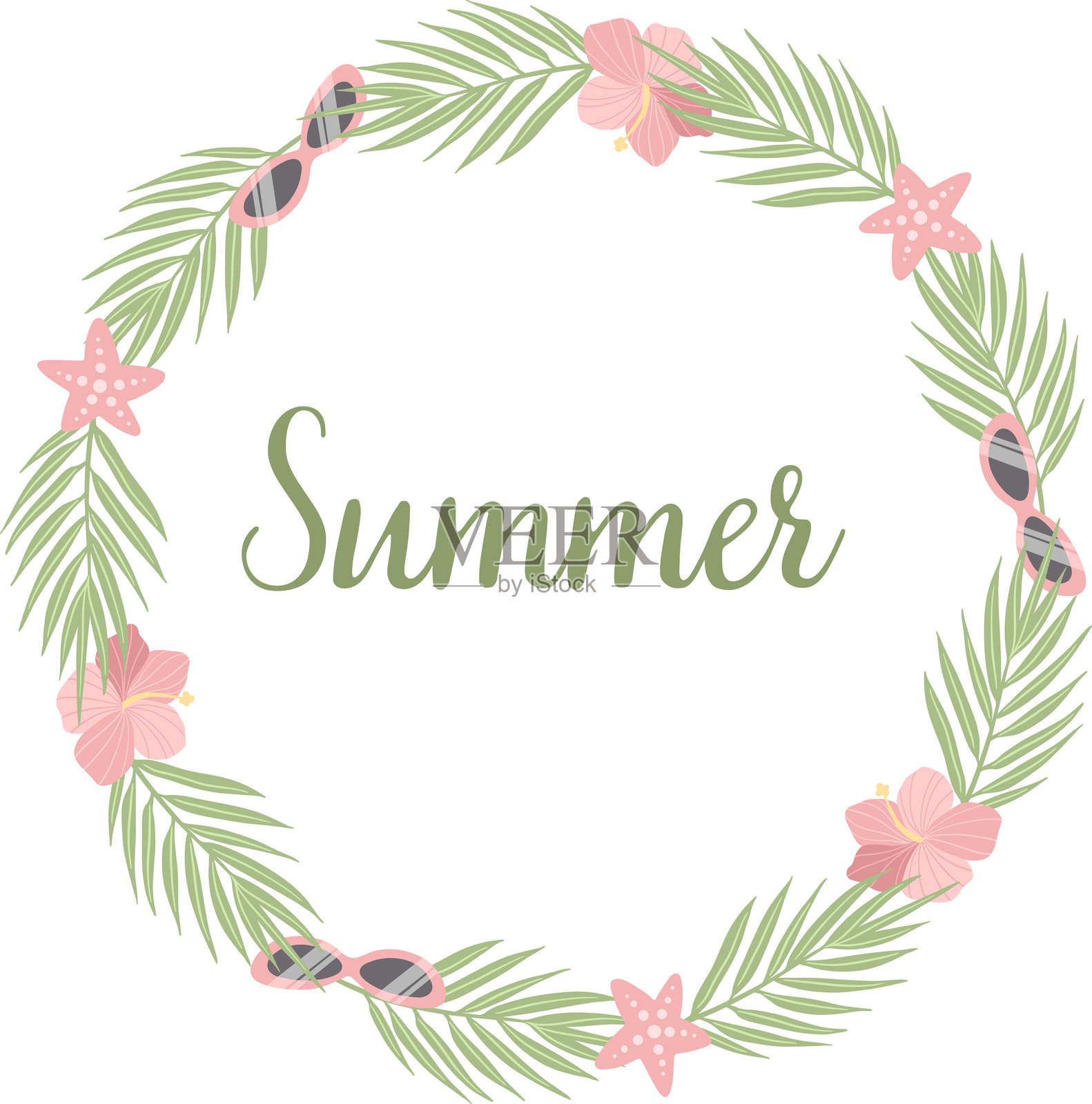 手绘的棕榈叶、太阳镜和木槿花的矢量框架，独立展示。插画图片素材