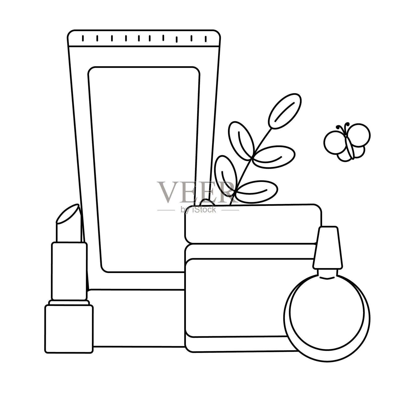 化妆品集合：面霜、口红、指甲油、花朵、蝴蝶的组合。矢量图形线条插图。黑白可爱的化妆艺术。适用于标志、网站、包装、贴纸。插画图片素材