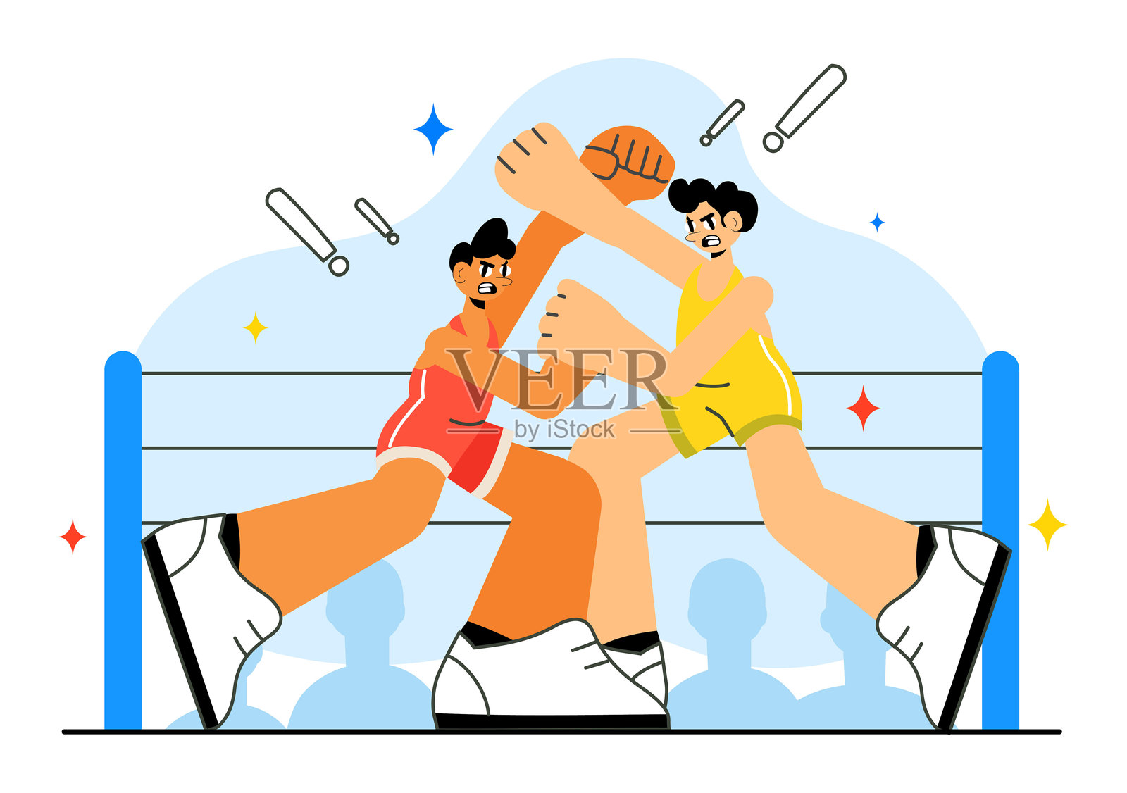 摔跤矢量插图，展示两名选手在竞技场内进行冠军赛或拳击比赛，背景为平面风格的卡通图案插画图片素材