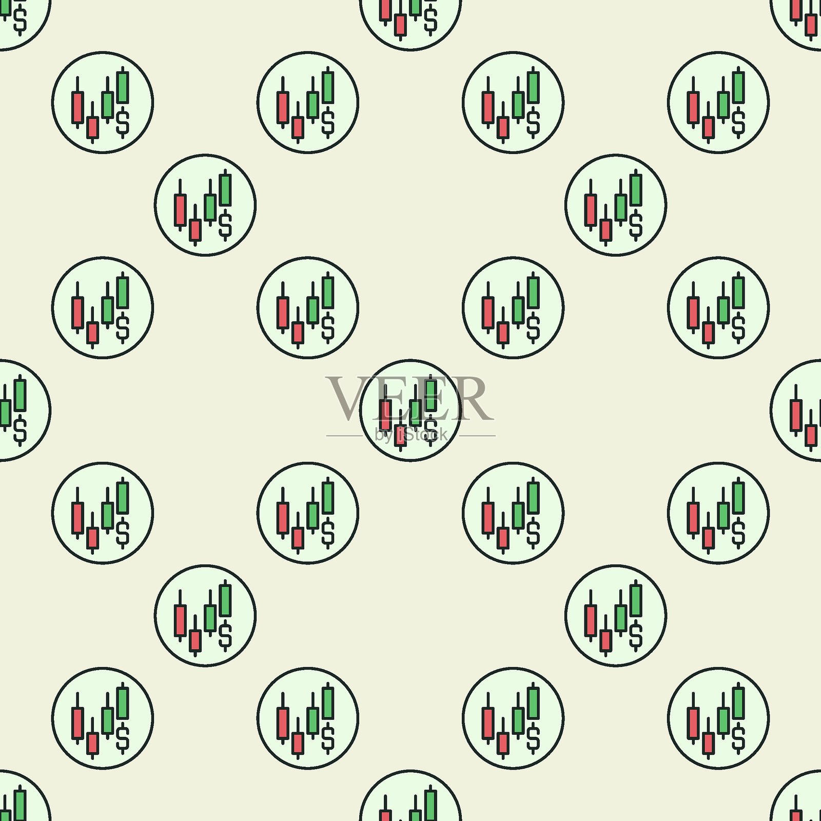 美元和蜡烛图矢量交易圆形彩色无缝图案插画图片素材