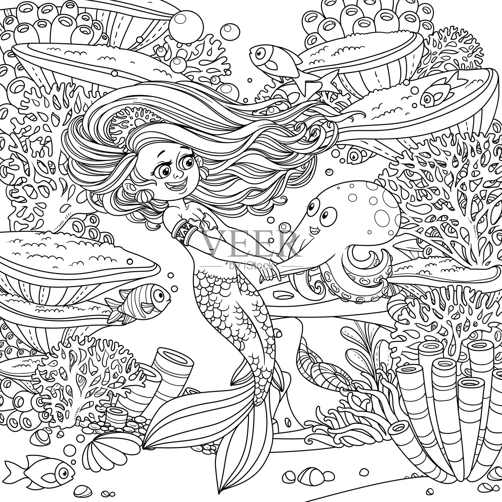 卡通小美人鱼女孩在水下世界与章鱼跳舞，背景有珊瑚、海葵和鱼的轮廓。插画图片素材