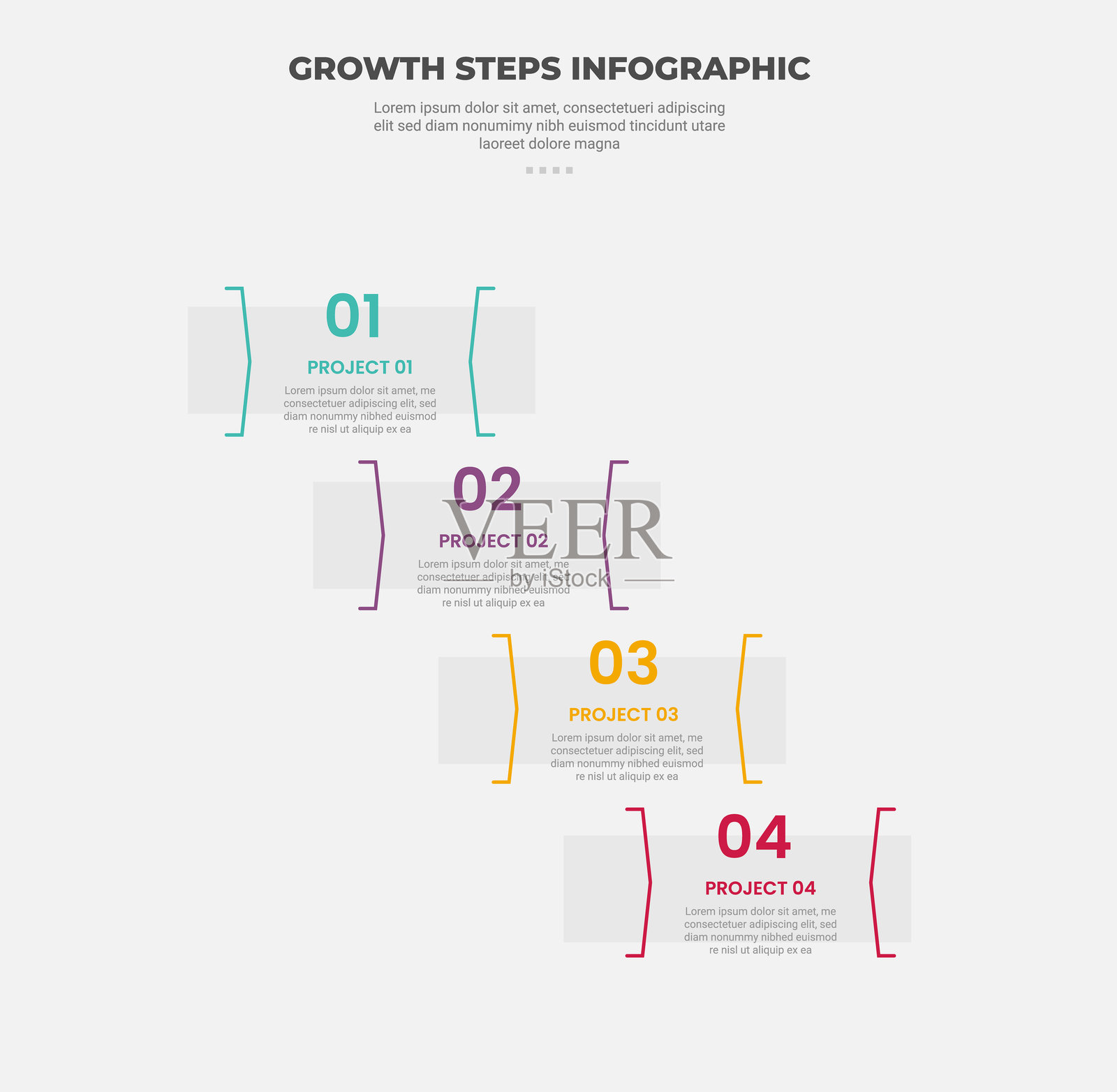 成长步骤旅程概念信息图表轮廓风格，带有4点模板，创意框容器和对立线条配件，适用于幻灯片演示。插画图片素材