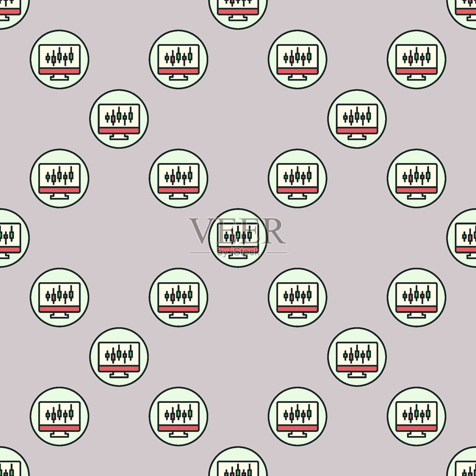 计算机和蜡烛图的交易圆形彩色无缝图案插画图片素材