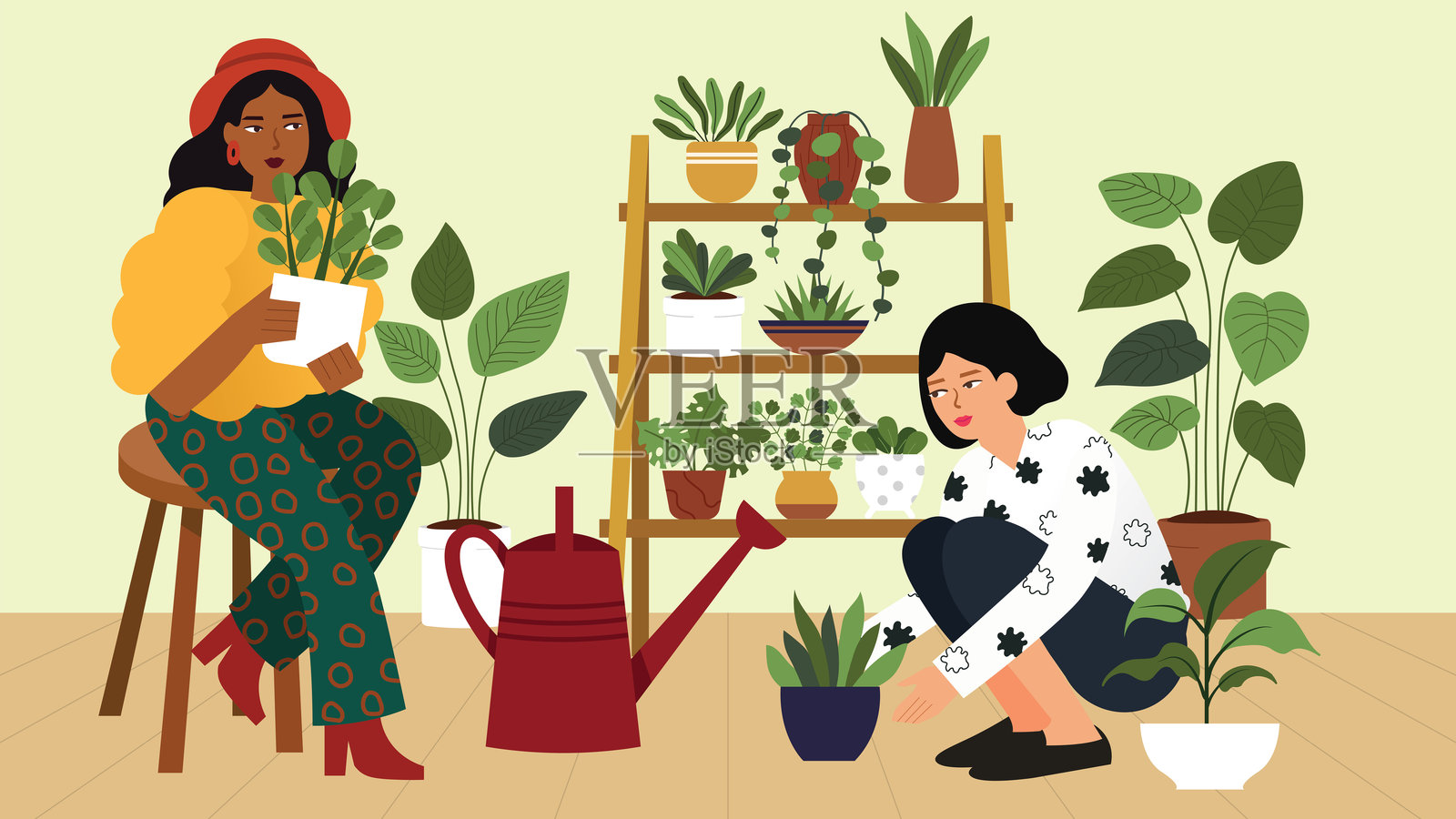 朋友给植物浇水的插图，帮助环境。社区共同努力创造绿色空间和城市花园，强调合作与环保。插画图片素材