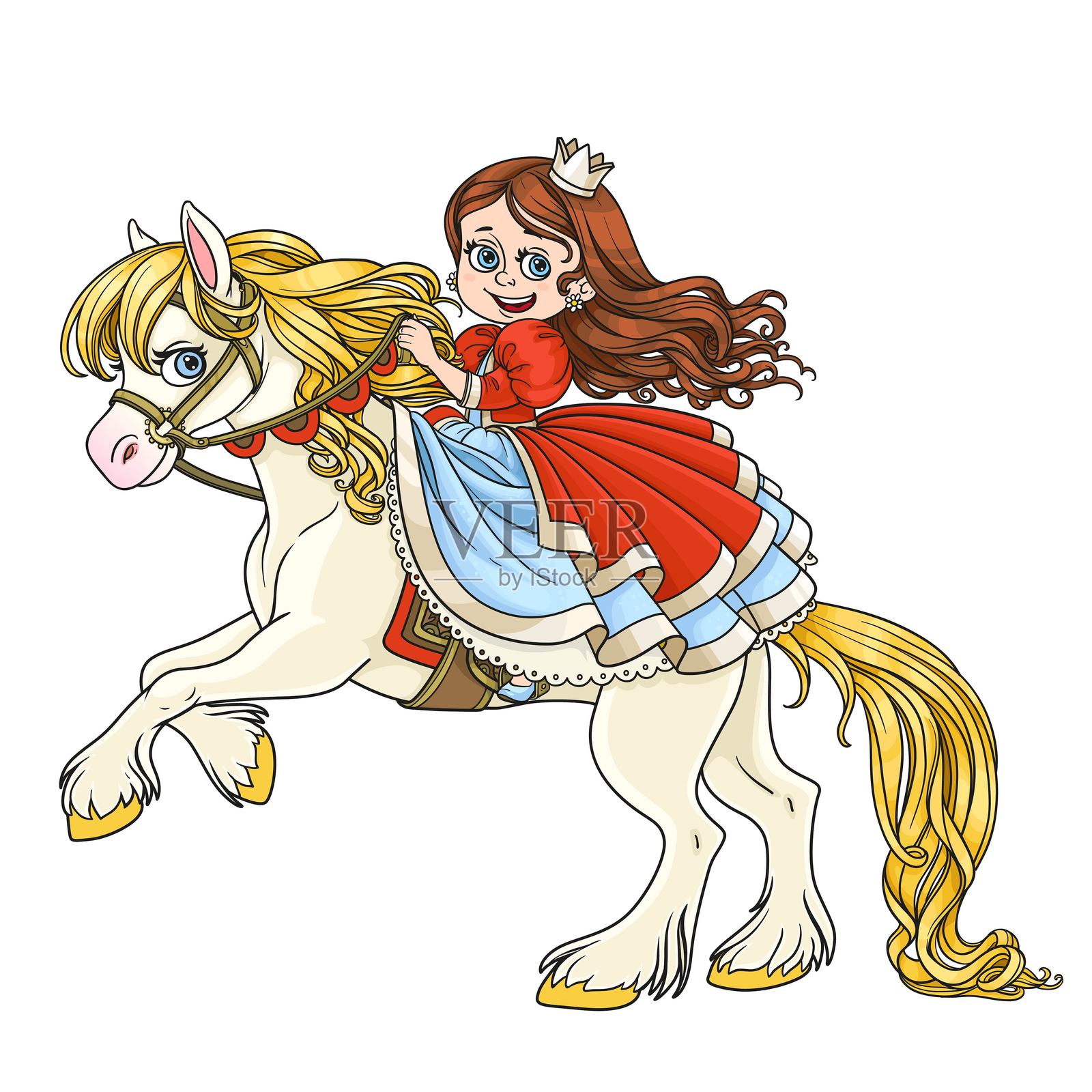 可爱的公主骑在前蹄翘起的马背上，背景色彩鲜艳。插画图片素材
