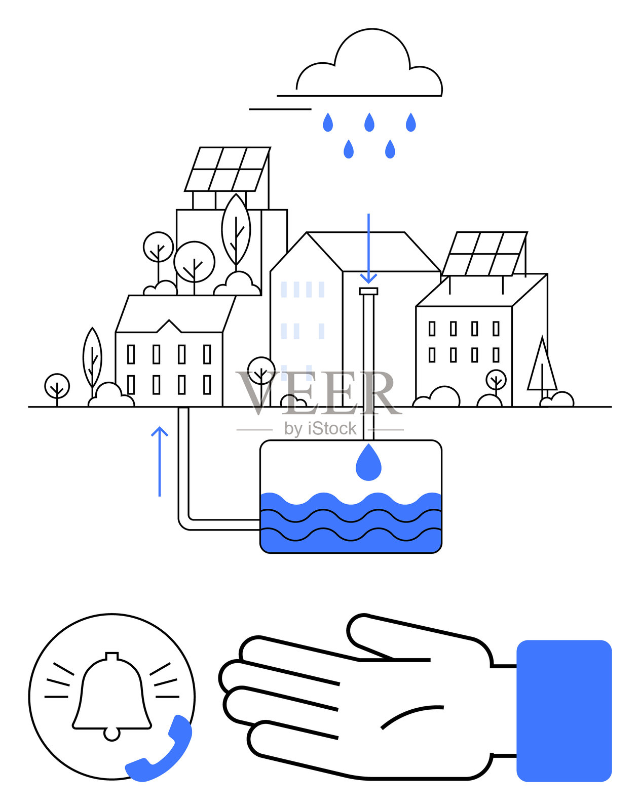 城市地区可持续雨水收集系统，带自动通知功能插画图片素材