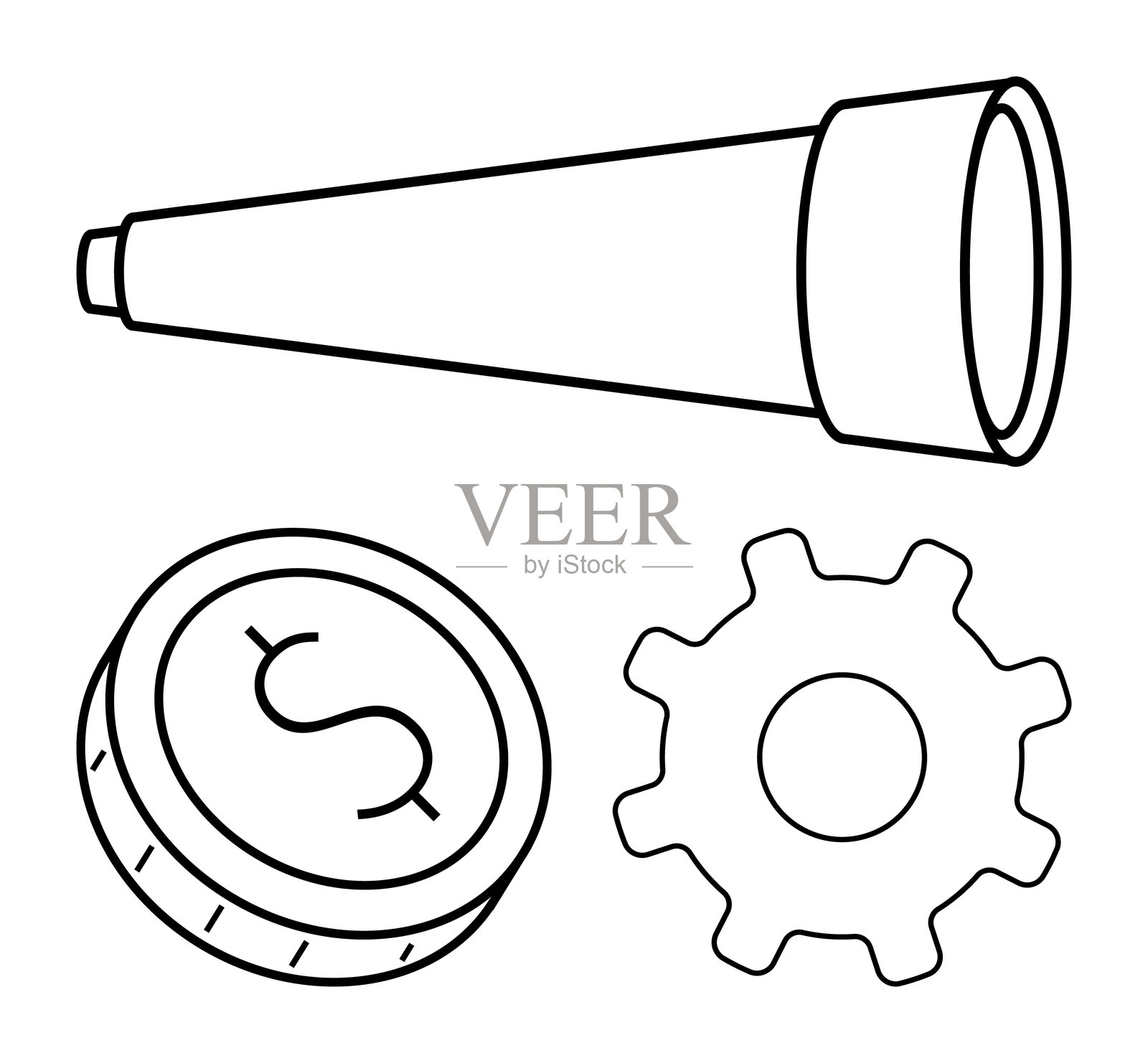 望远镜、硬币和齿轮轮廓代表财务规划和战略愿景插画图片素材
