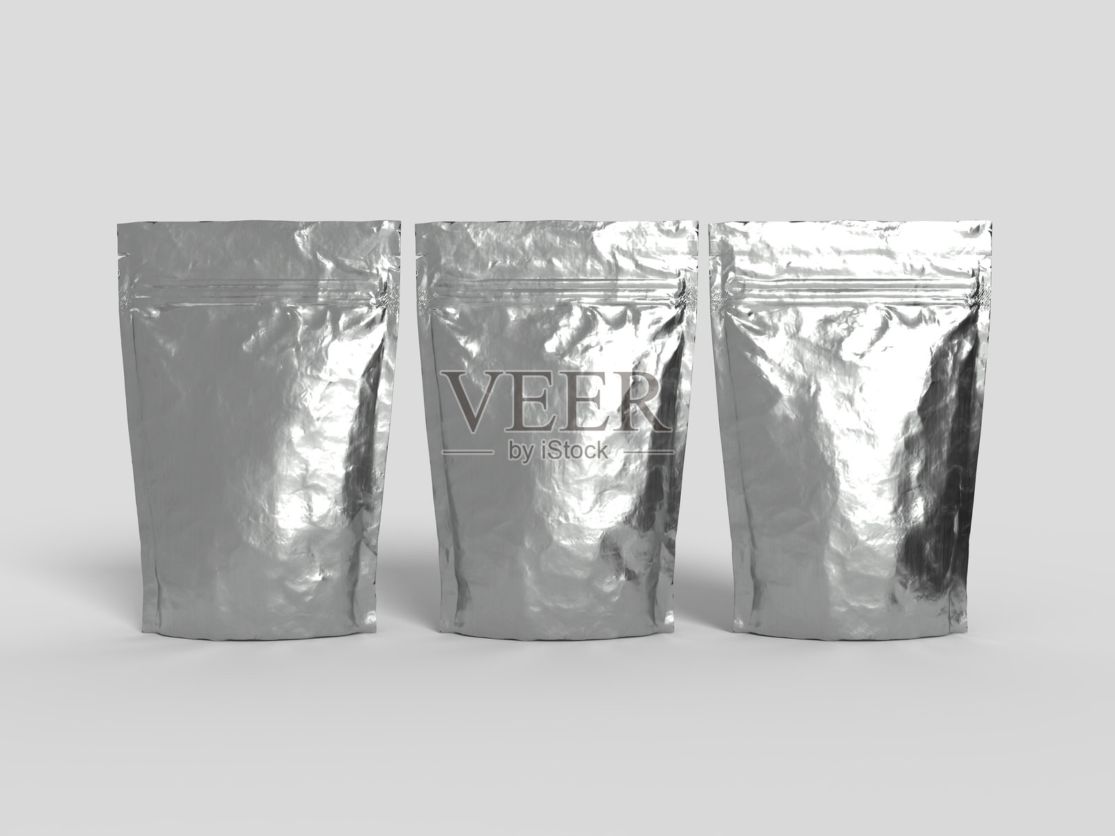 3D真实感空白铝箔袋拉链模型，独立展示。适用于咖啡、糖果、香料、食品袋、小吃包装或可重新封口的包装产品容器的展示品牌。照片摄影图片