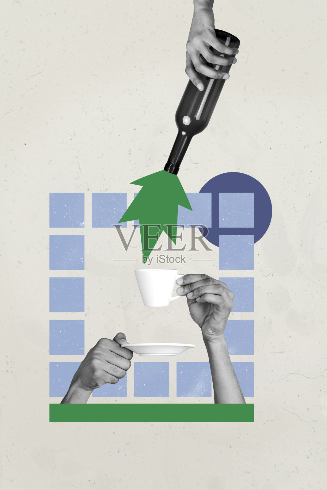 手持陶瓷杯的垂直照片拼贴，饮品包括热拿铁、咖啡师制作的美式咖啡、酒瓶和午餐休息时光。照片摄影图片