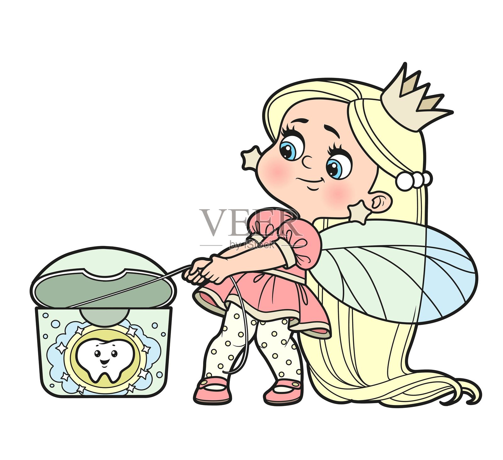 可爱的仙女女孩费力地从包装中抽出牙线，适合涂色的白色背景变体插画图片素材