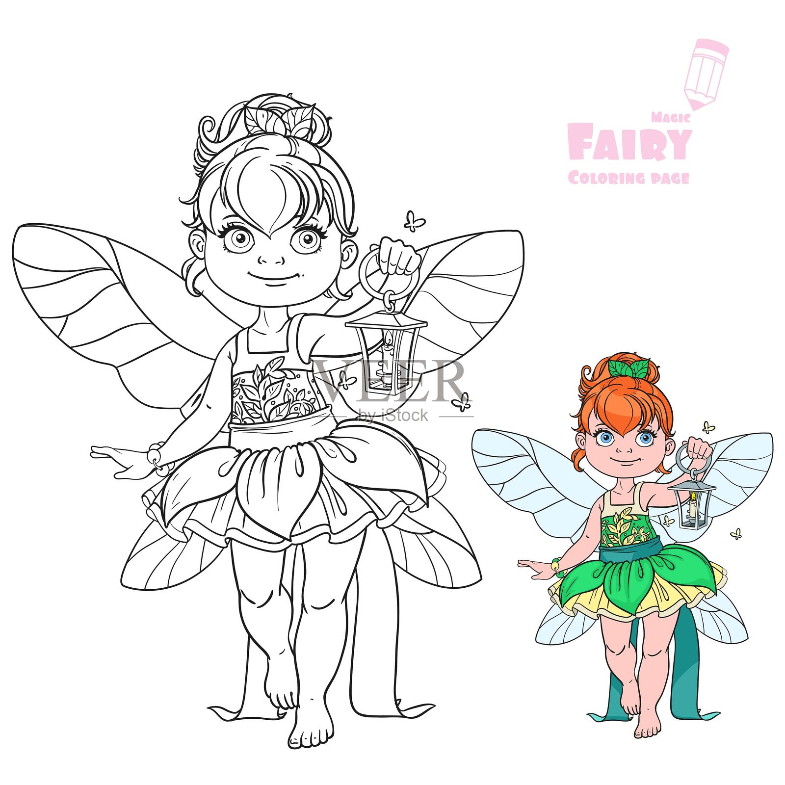 美丽的小仙女手持手电筒，轮廓图适合涂色书，背景为白色插画图片素材