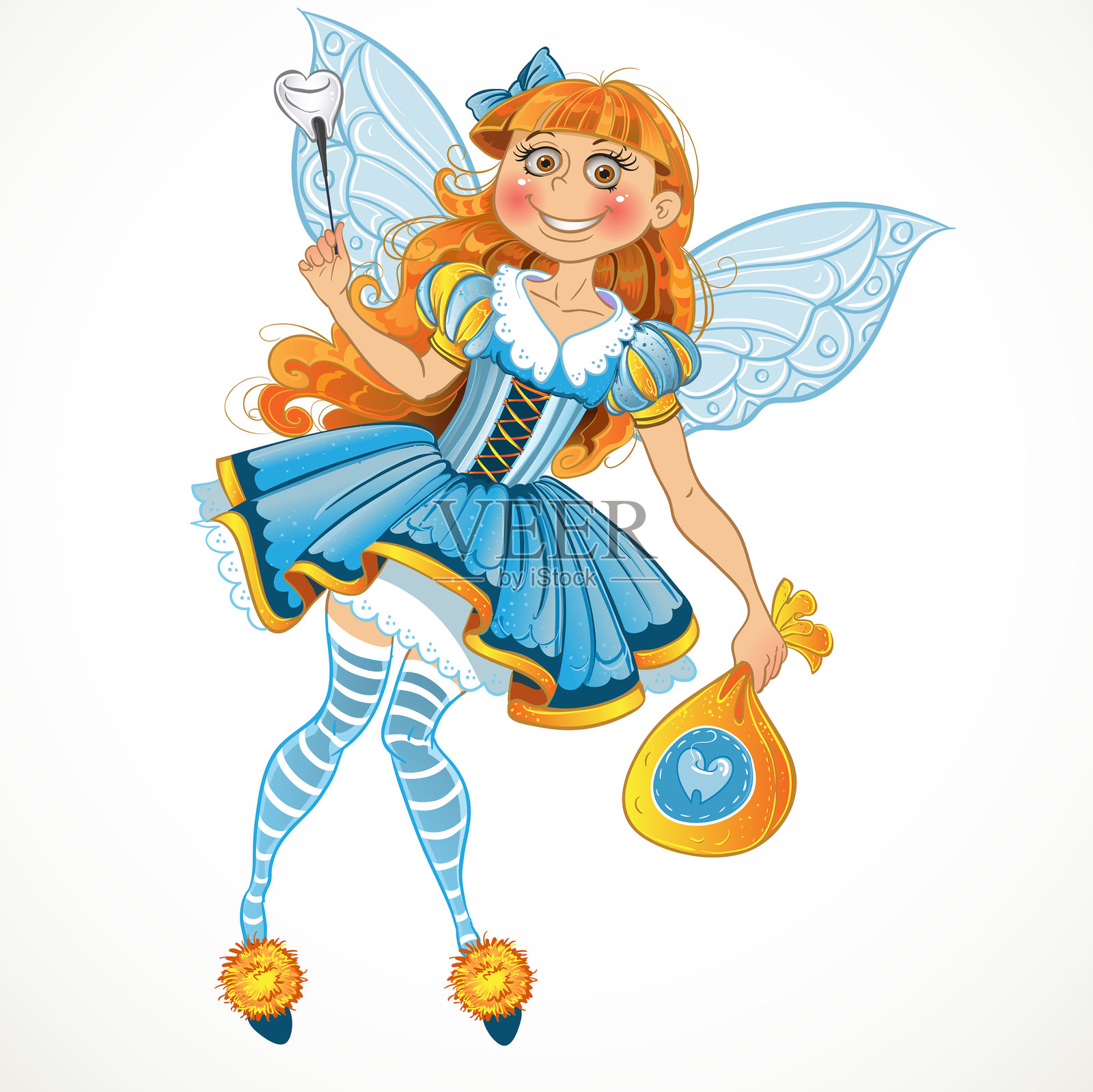 小牙仙带着装满牙齿的袋子和翅膀插画图片素材