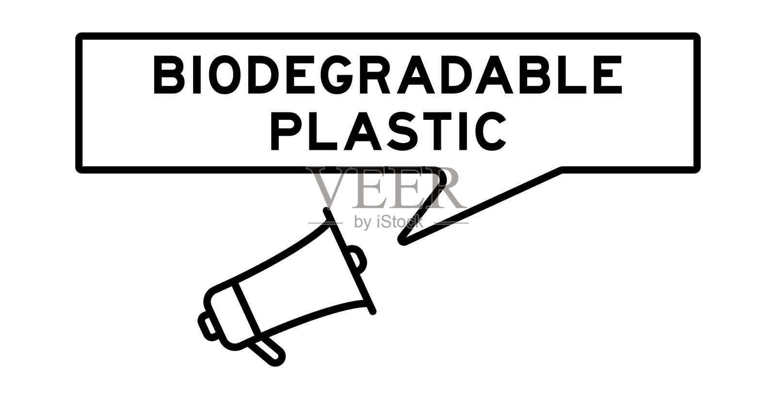 带有“生物可降解塑料”字样的喇叭图标和对话气泡，背景为白色插画图片素材