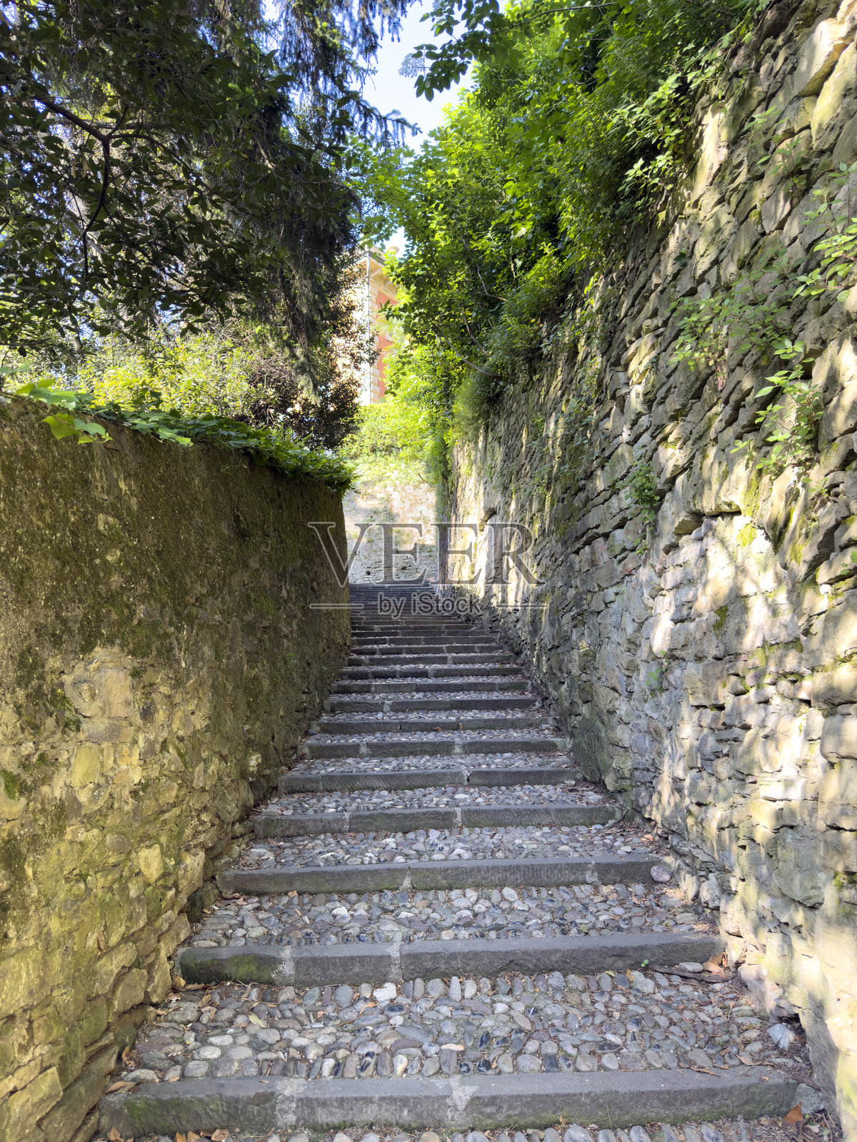 意大利贝尔加莫。通往旧城区（老城区）的古老石阶，从下城区（新城区）延伸而上。照片摄影图片