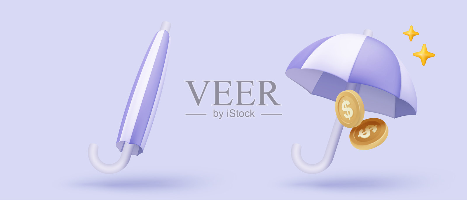 3D 钱币在伞上储蓄。保险保护与捆绑现金和漂浮硬币的金融业务概念，赚取投资。3D 钱币图标矢量渲染插图。插画图片素材