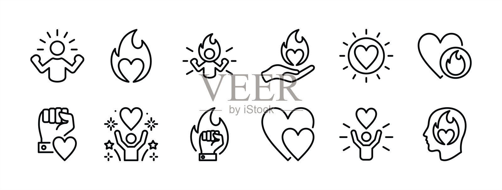 激情细线图标集。包含精神、情感、动机、燃烧、云彩、爱、热情、活力、庆祝。矢量插图插画图片素材