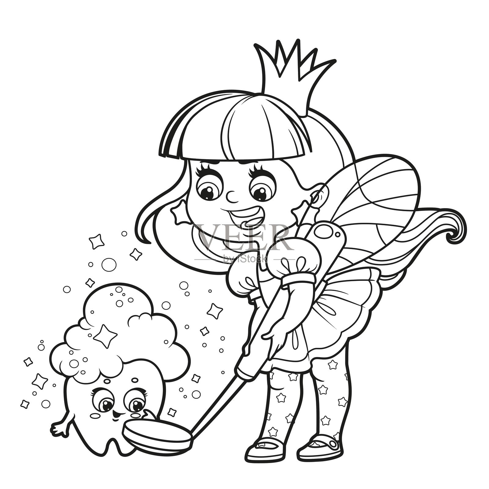 可爱的小女孩牙仙手持牙科镜，帮助牙齿清洗，背景为白色轮廓可供上色。插画图片素材