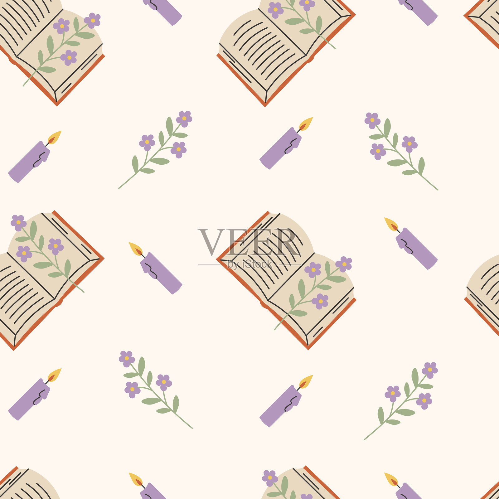 书籍与花卉无缝图案插画图片素材