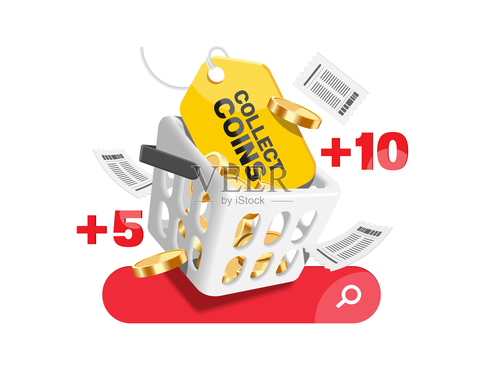带有“收集硬币”信息的黄色标志或标签，白色购物篮中放置着金币，设计用于促销活动，旨在积累积分以兑换购物或折扣。插画图片素材