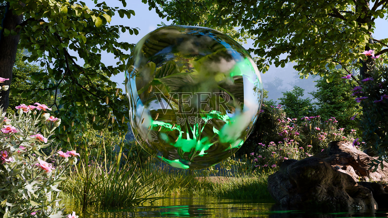 森林中漂浮的水泡，发光的叶绿素，自然与生物，光合作用，环境能量与生态和谐，草本护肤化妆品，分子液滴，3D渲染照片摄影图片