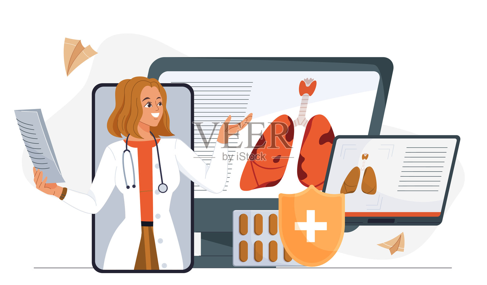 肺结核专家女性。穿着医务制服的年轻女孩在病变肺部图像旁边。肺病医生治疗哮喘或肺结核。医疗与健康。扁平矢量插图。插画图片素材