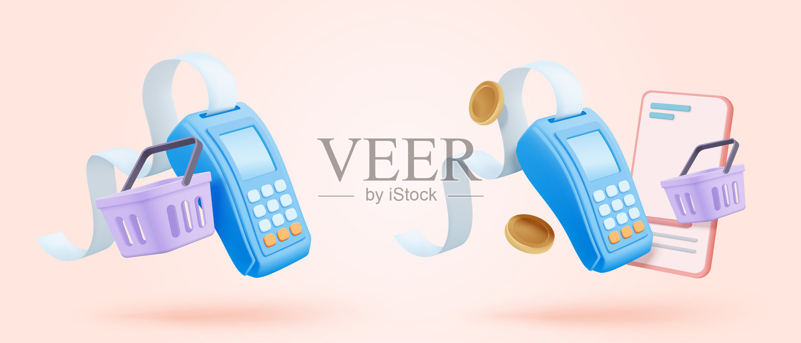 3D信用卡支付和在线购物的财务，带有警报通知的信用卡支付。带有信用卡读卡器的发票交易。3D收据矢量图标渲染插图。插画图片素材