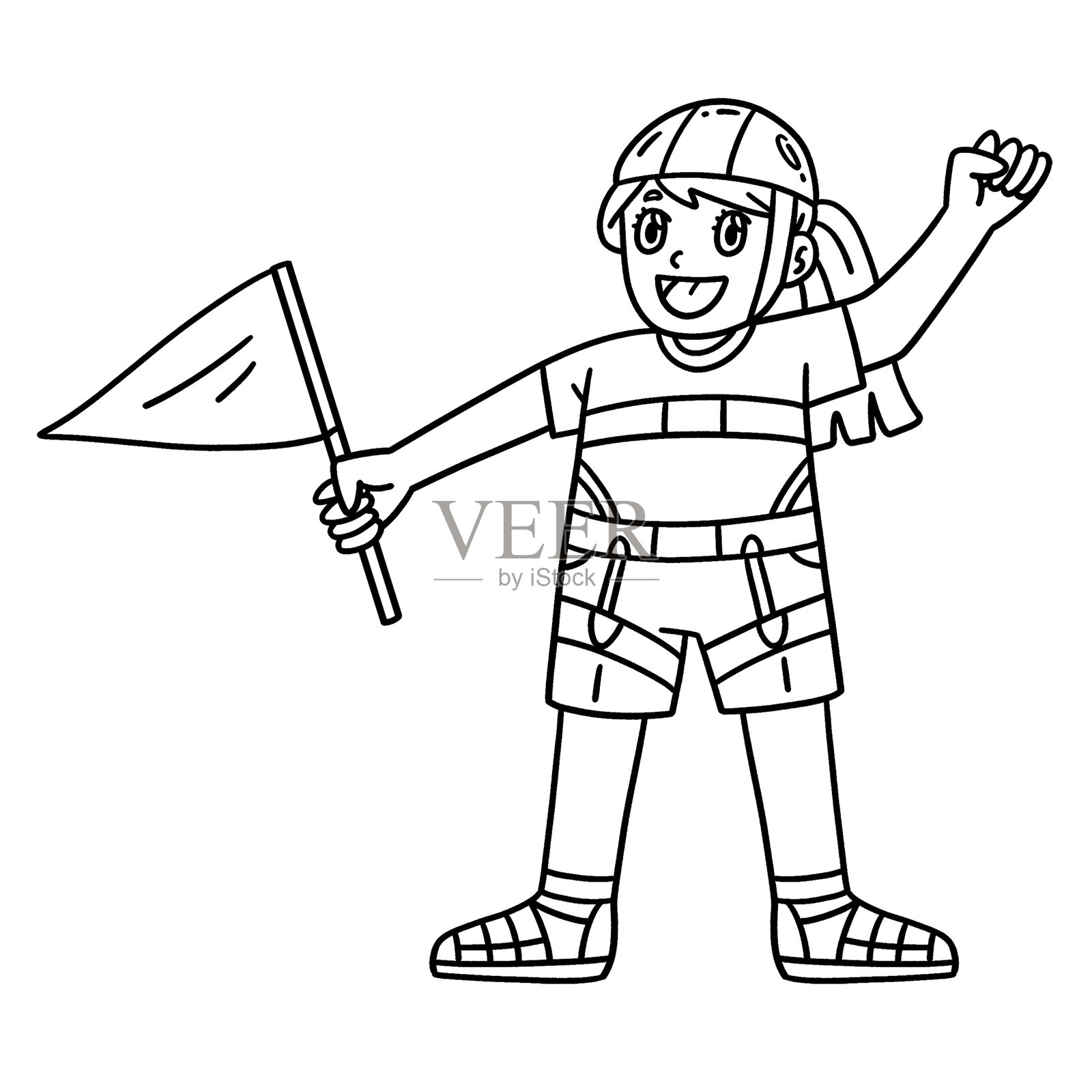 攀岩女孩手持旗帜，孤立的涂色图案插画图片素材