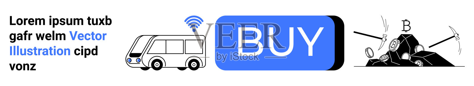 充满活力的数字交易概念，包含公交车、无线符号和矿石插画图片素材