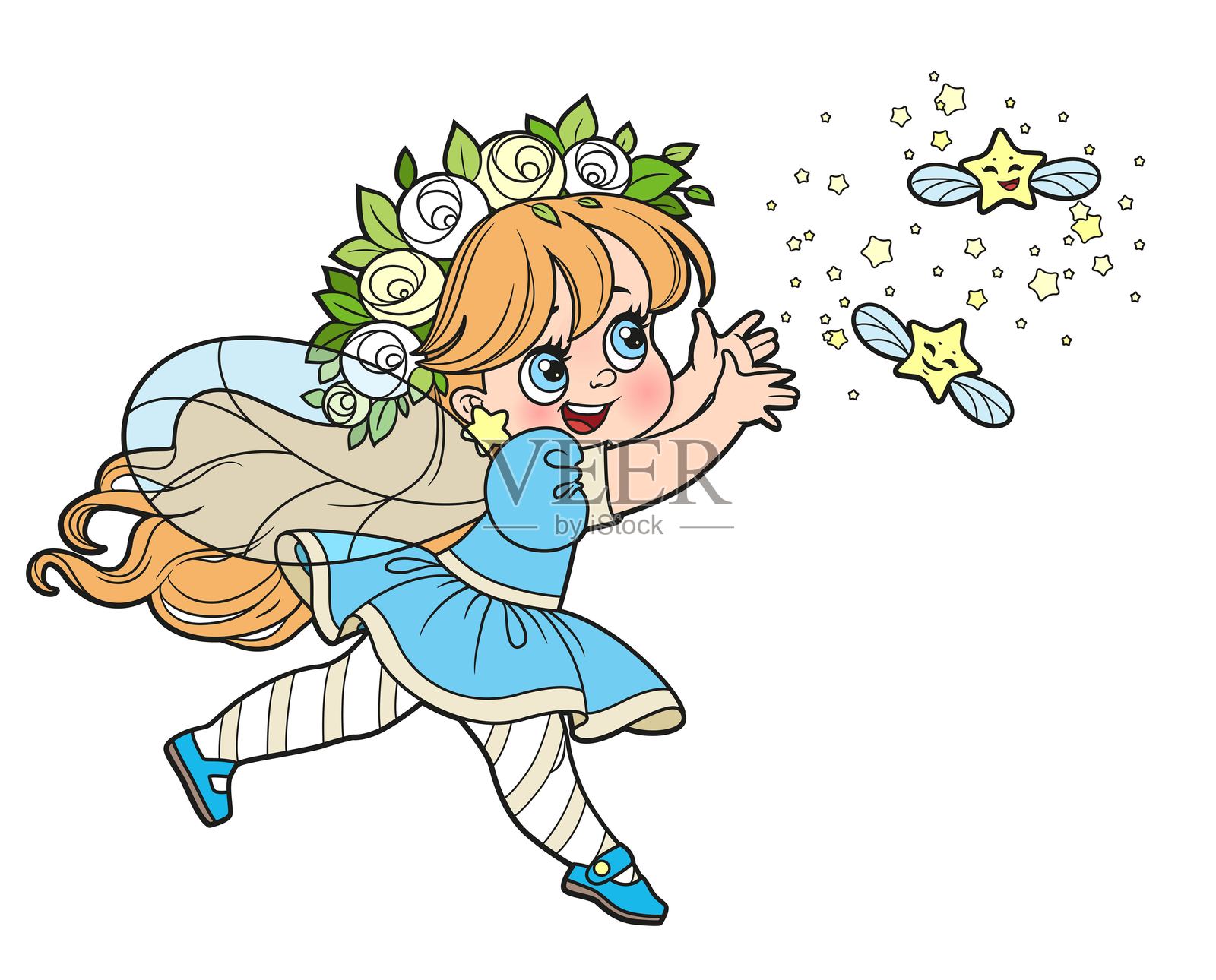 可爱的卡通小仙女在白色背景上奔跑追逐星星，适合涂色的变体插画图片素材