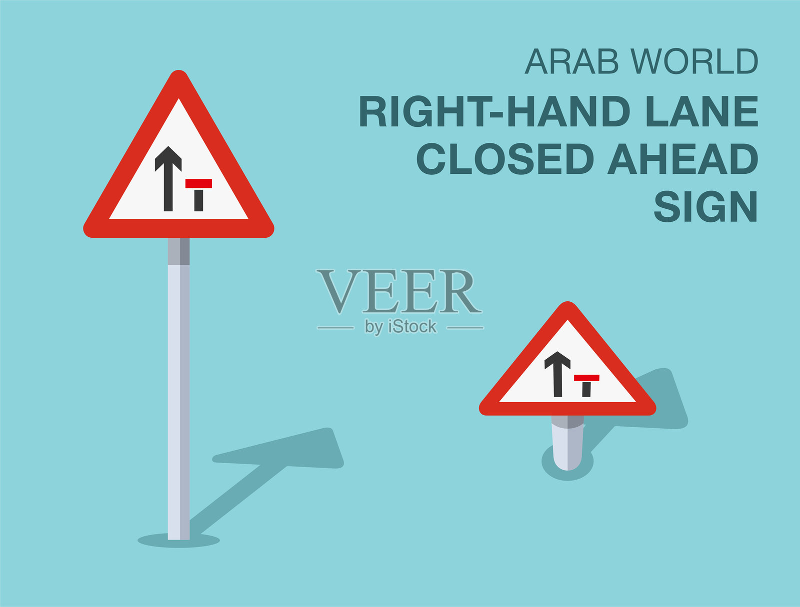 交通规则。孤立的阿拉伯世界“前方右侧车道关闭”路标。正面和顶部视图。矢量插图模板。插画图片素材