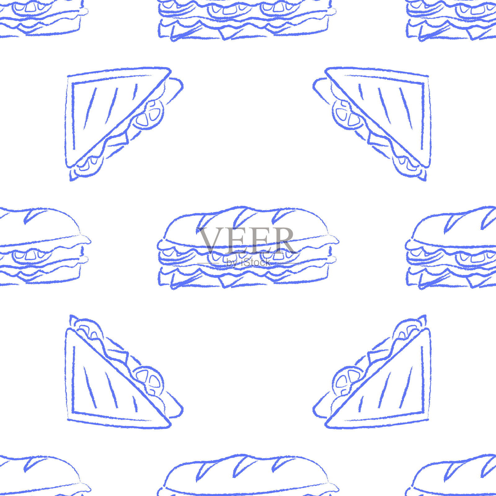可爱的蓝色无缝图案，带有三明治素描。汉堡涂鸦印花。插画图片素材