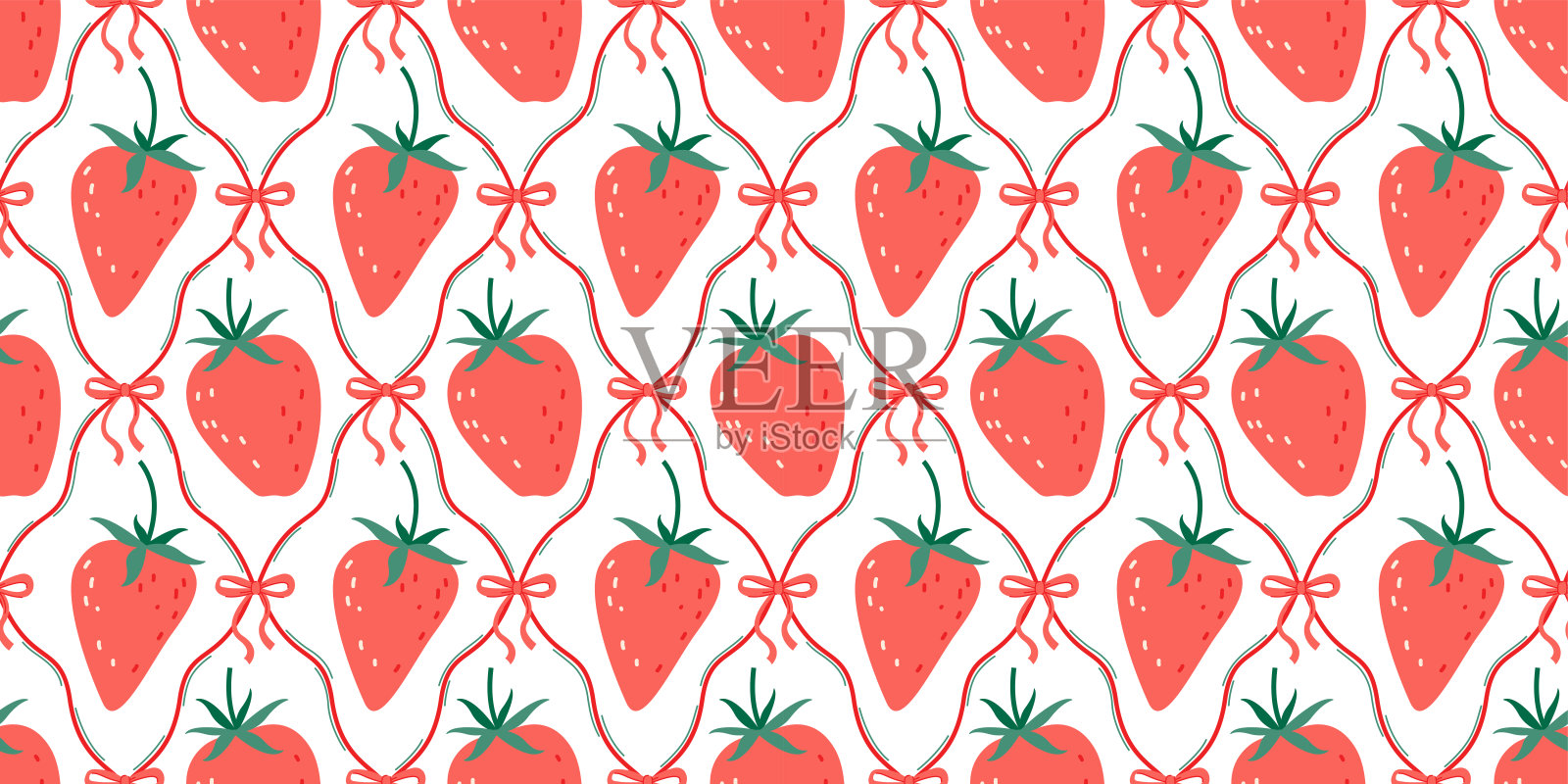 复古小巧玲珑草莓蝴蝶结无缝图案插画图片素材