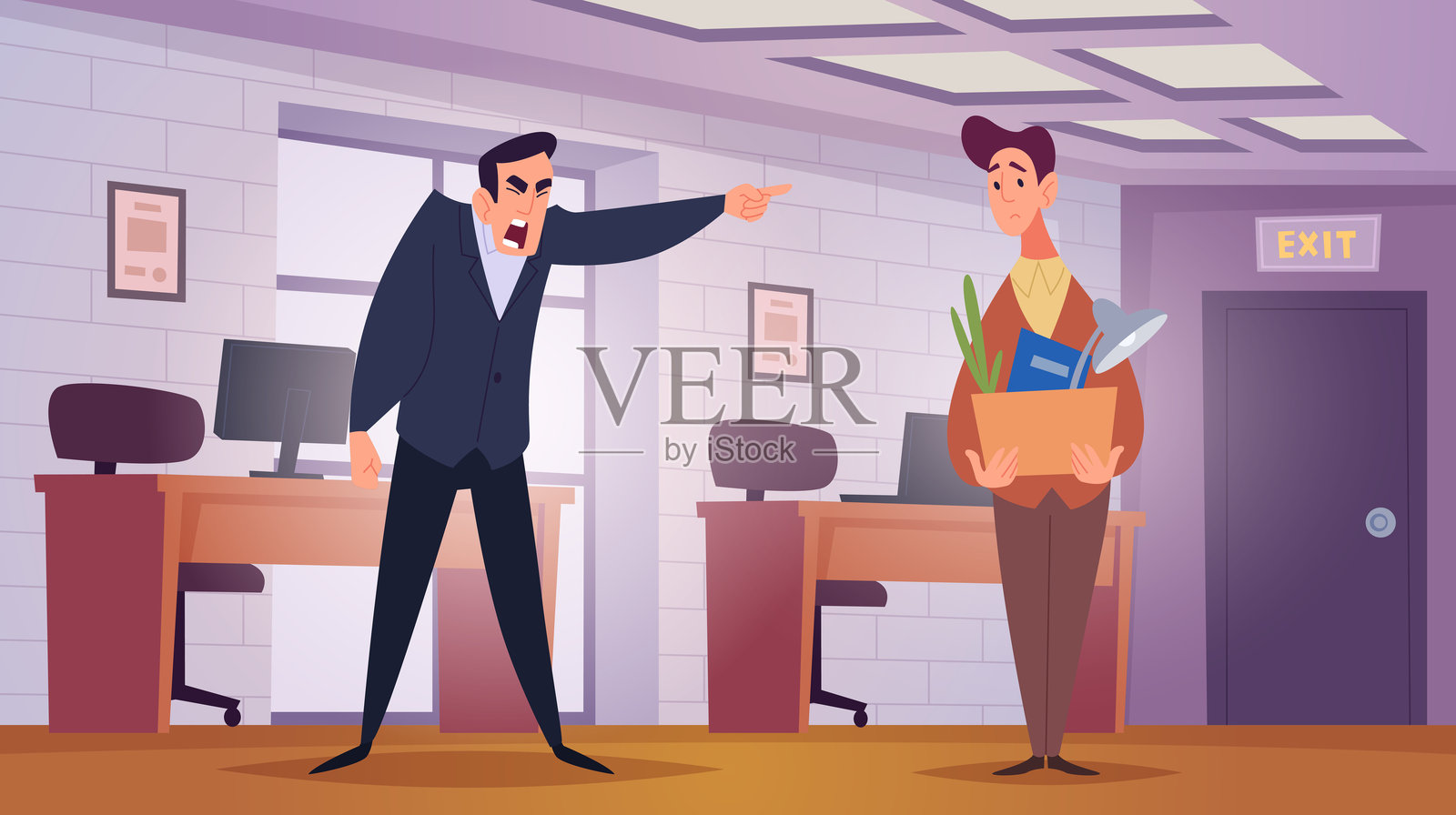愤怒的老板。解雇经理走向门口，沮丧的员工在工作中。插画图片素材