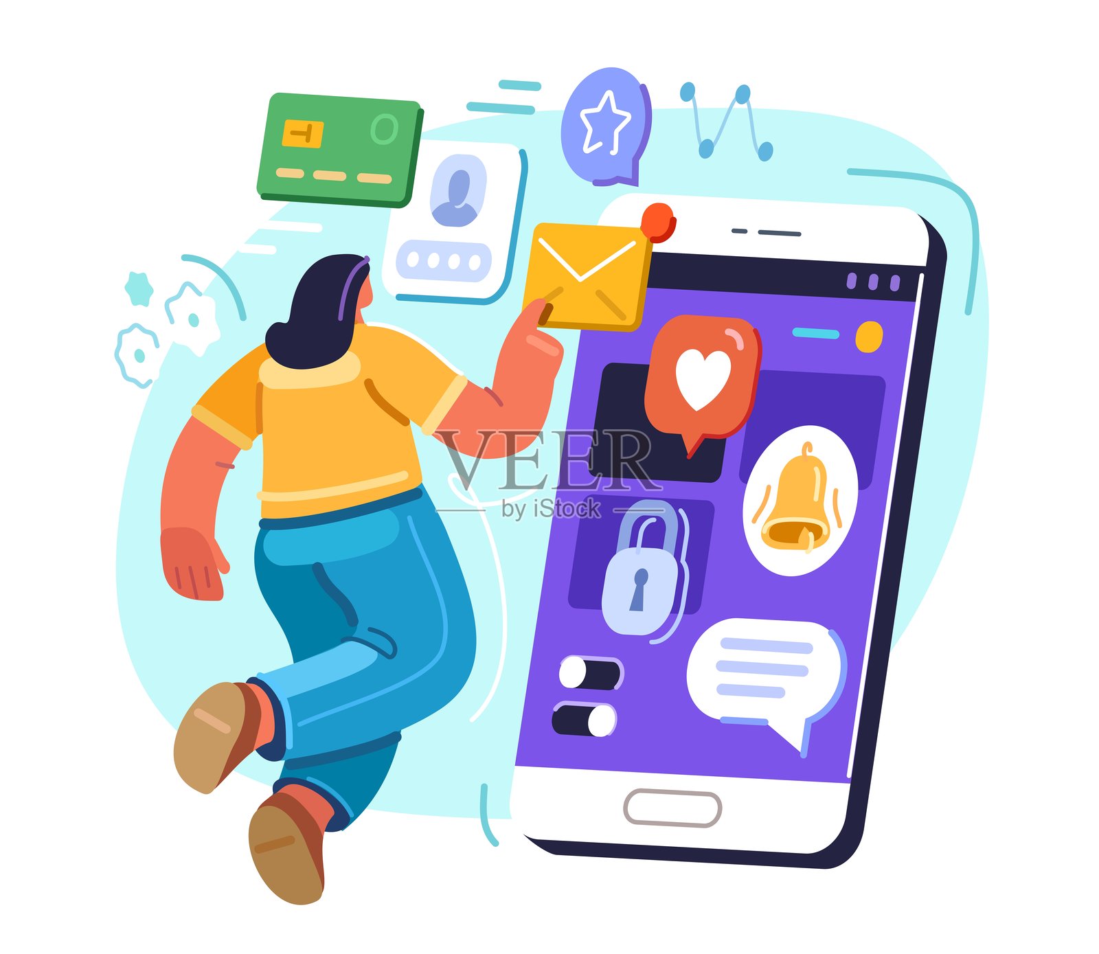 女性在智能手机上使用不同的移动应用程序。互联网网络连接、数字营销和社交媒体插画图片素材