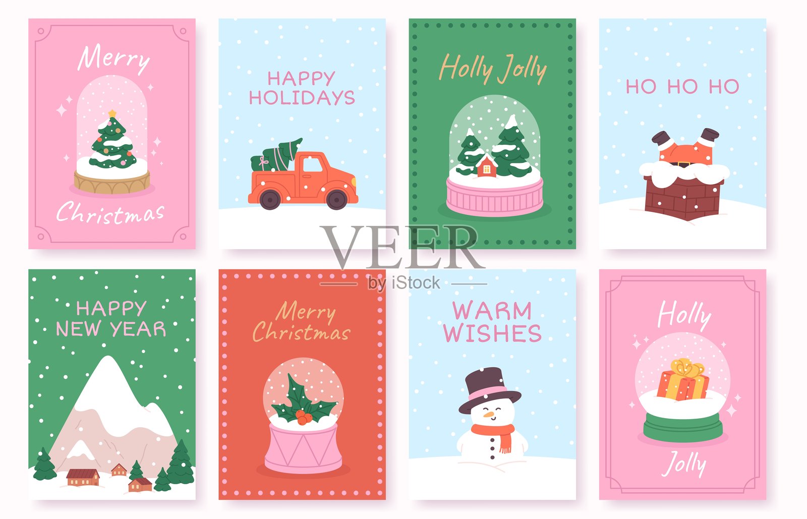 圣诞雪花球贺卡。冬季假日装饰明信片，包含圣诞树、雪人、雪花球、雪景和生动的矢量模板。插画图片素材