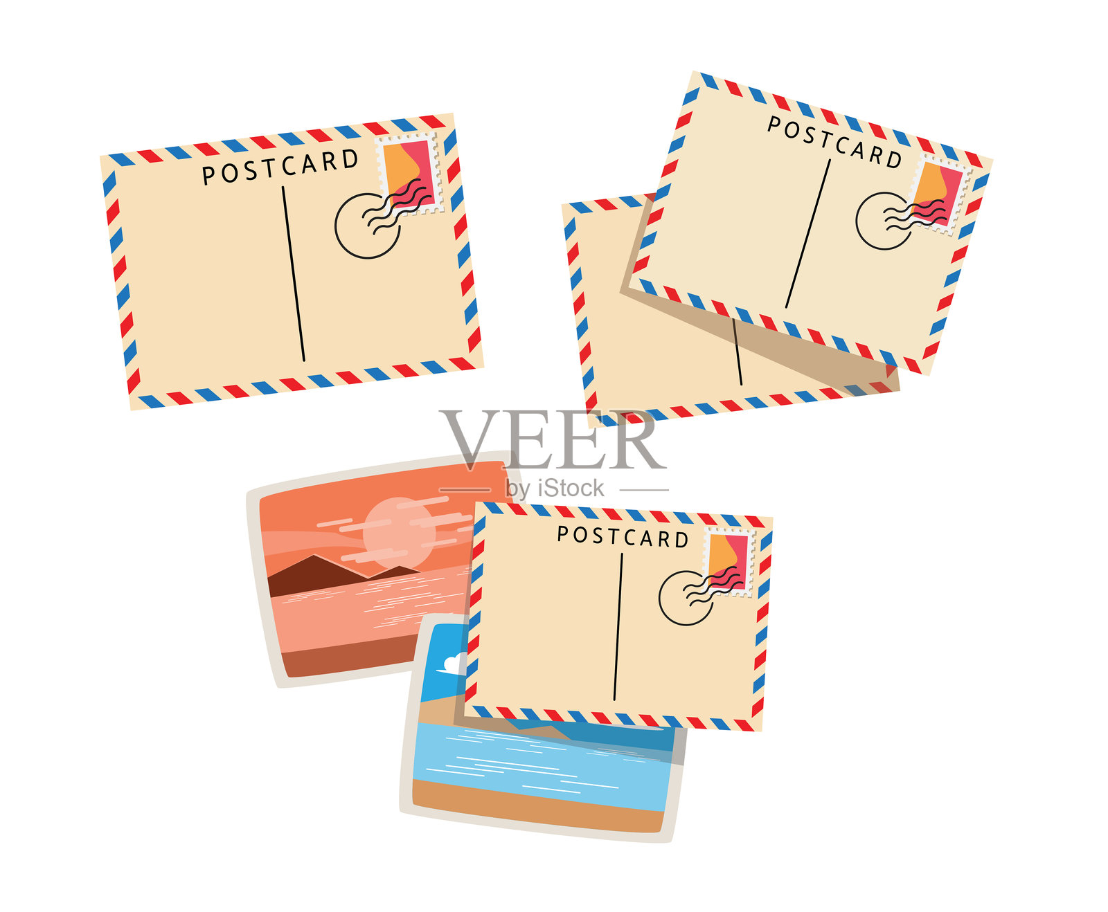 复古旅行明信片与邮票矢量插图插画图片素材