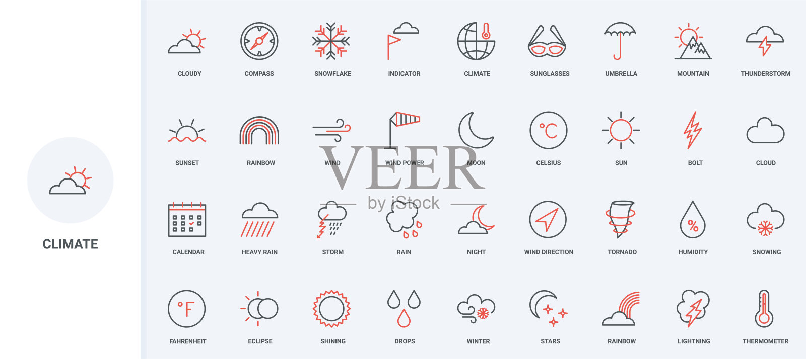 天气预报和气候，冷热季节，阳光和雨云线条图标集插画图片素材