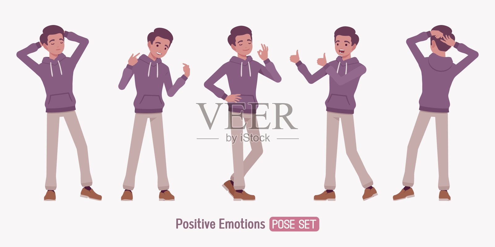 年轻的深肤色男孩穿着紫色连帽衫，摆出快乐的姿势。插画图片素材