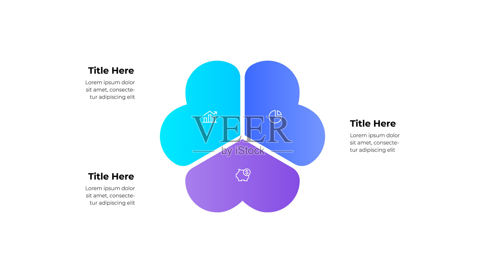 抽象信息图插图，包含三个色彩丰富的部分，配有图标和文本占位符。非常适合商业、演示或分析用途。插画图片素材