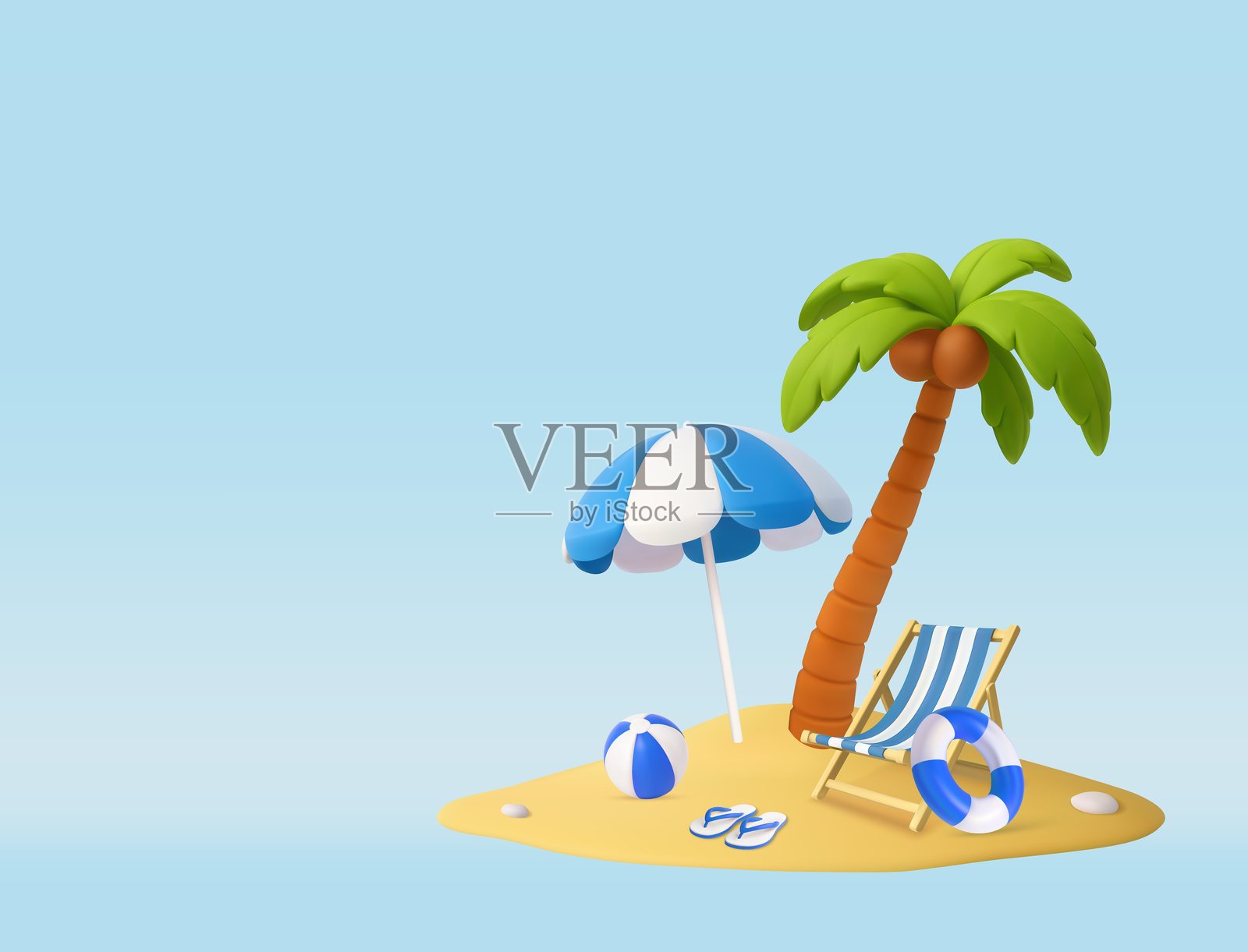 3D放松的热带海滩场景，蓝色椅子和棕榈树插画图片素材