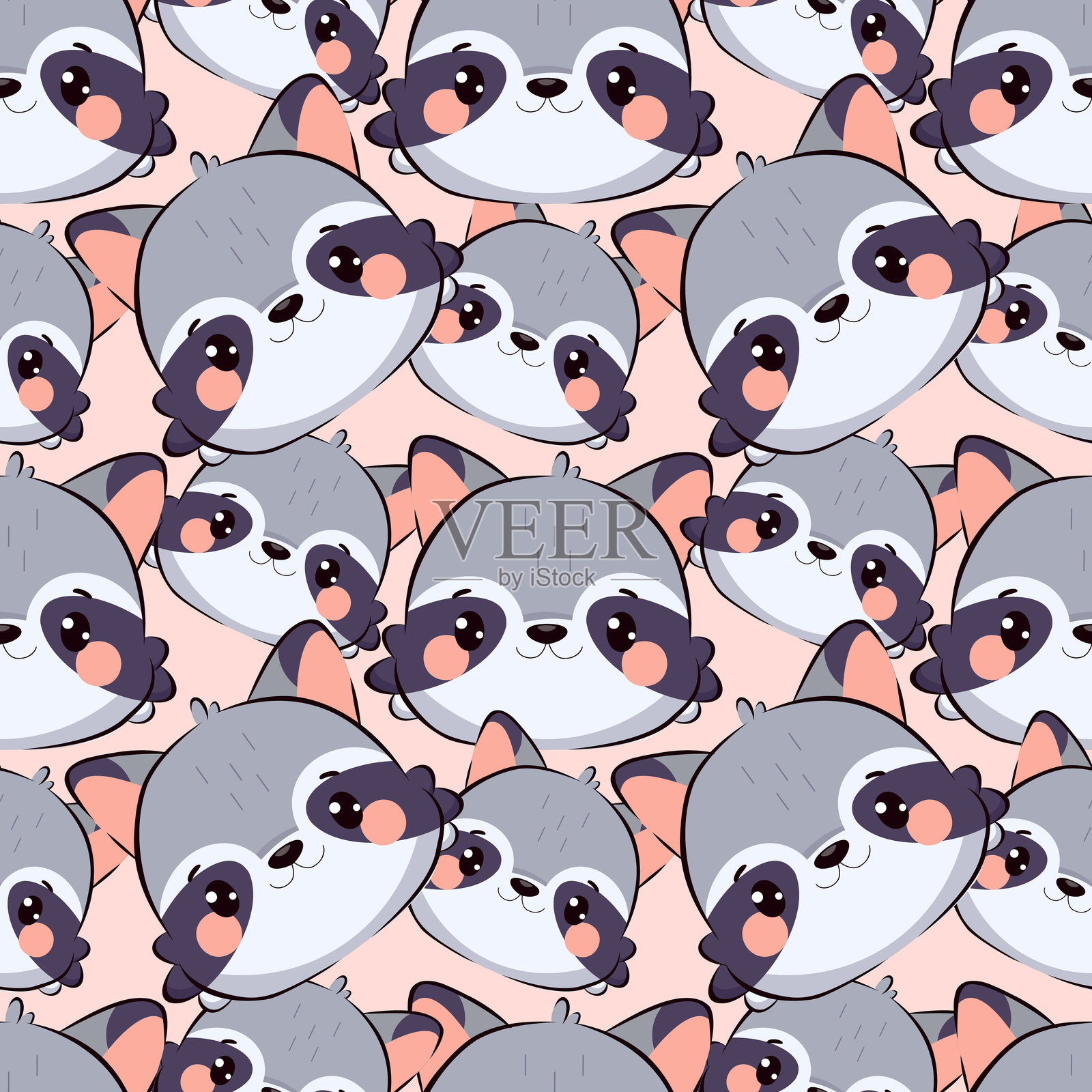 无缝的可爱小浣熊图案，采用卡哇伊的迷你风格。可爱多彩的卡通脸庞在粉色背景上。非常适合儿童艺术作品、贴纸、婴儿房装饰、印刷品和教育材料。插画图片素材