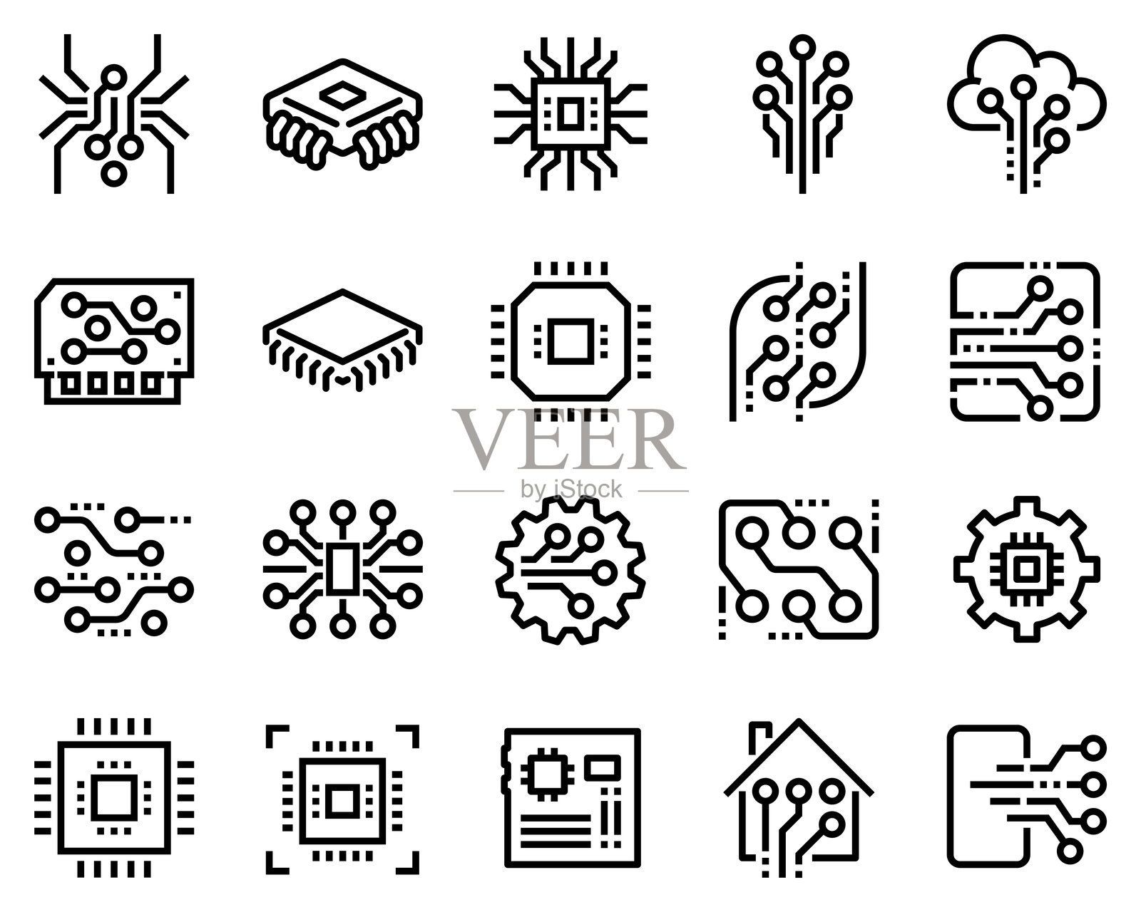 一组简单的黑色抽象电子矢量线条图标插画图片素材