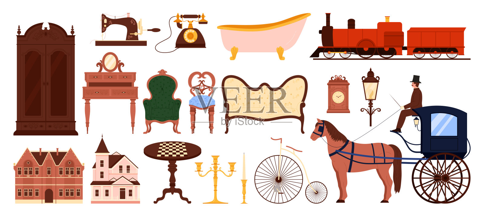 维多利亚时代，历史建筑和物品组合，贵族庄园和马车插画图片素材