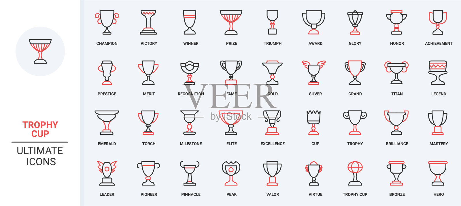 奖杯、比赛和竞赛获胜者的奖项，优质线条图标集插画图片素材
