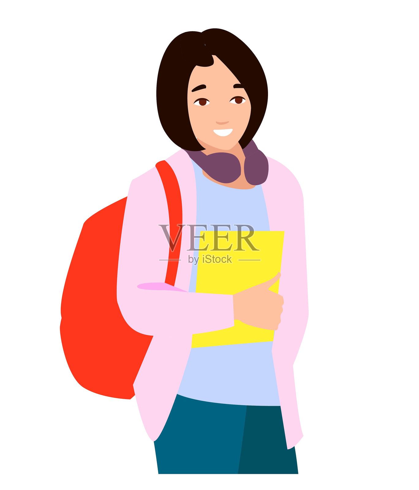 一组年轻男女，色彩各异，卡通人物，站立的商业人士和学生的剪影，平面图标设计概念，背景为白色。插画图片素材