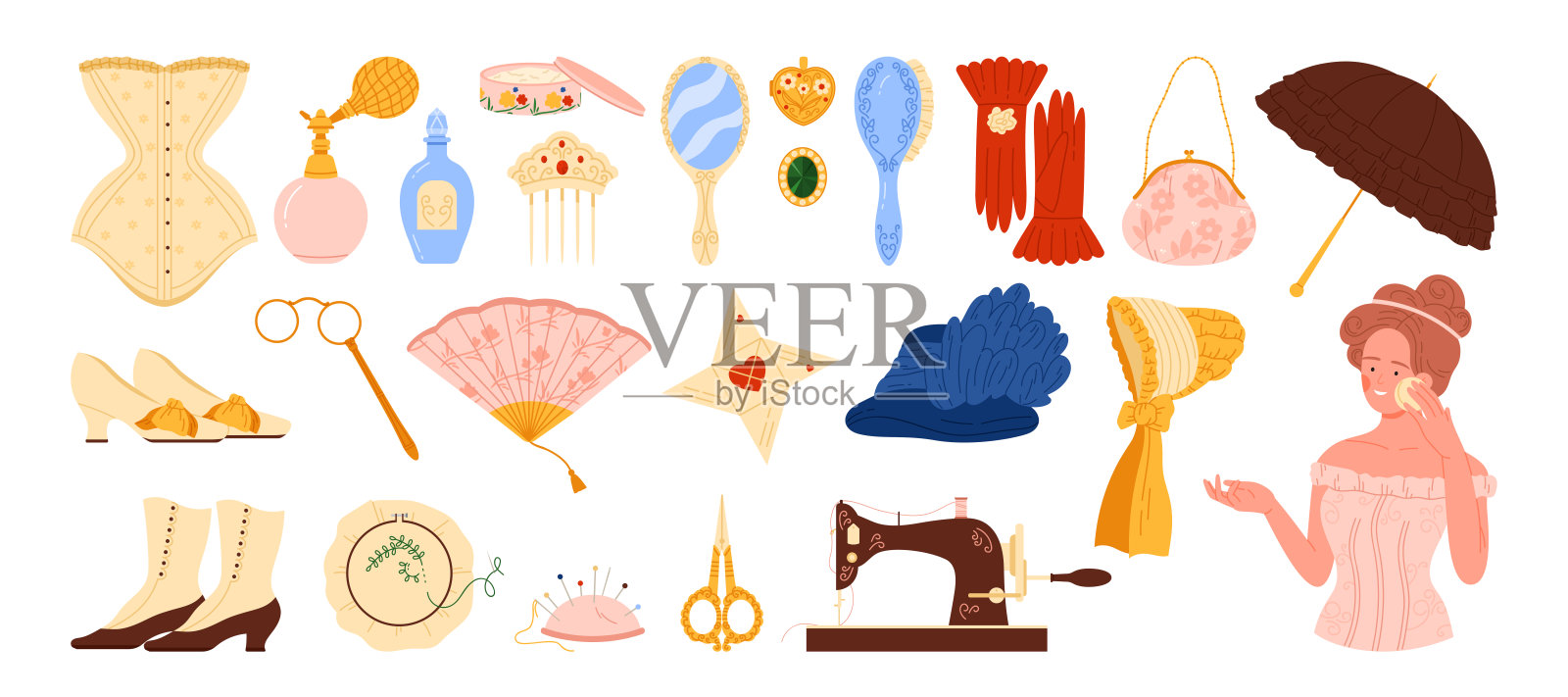 19世纪维多利亚女性时尚风格，女士肖像，配饰和蕾丝插画图片素材